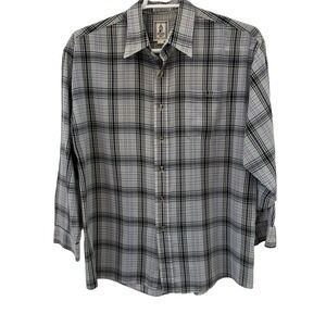 London Fog‎ Shirt Mens Large Black Grey Green Purple Plaid Button Up Pocket